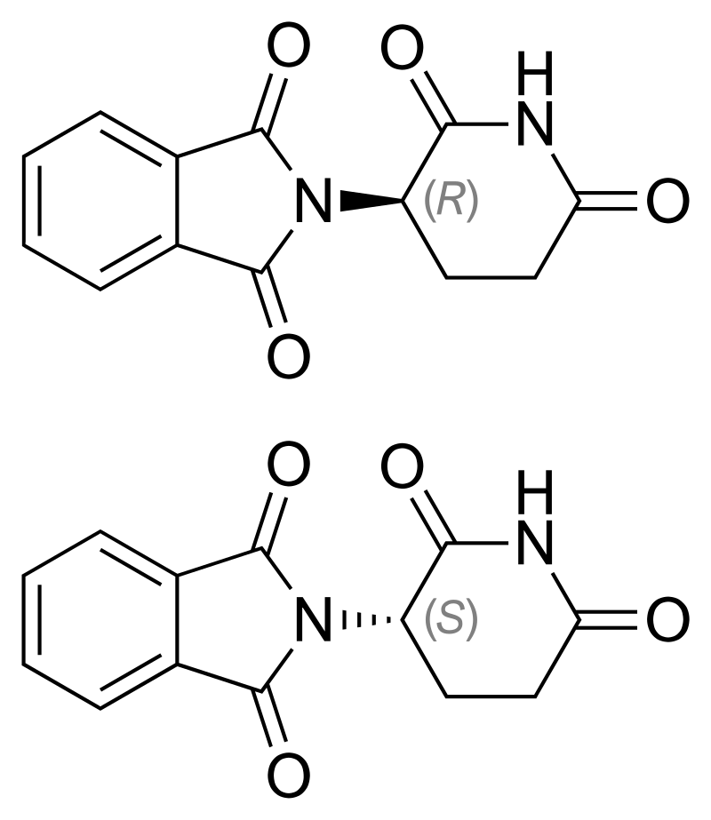 Picture of skeletal formulae of both thalidomide enantiomers. 
