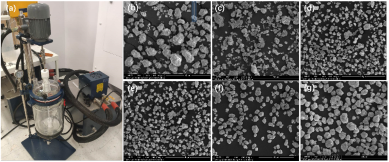 Figure 1. Morphology Control of Precursor: (a) The experimental setup for coprecipitation using a 5-liter batch reactor. SEM images showing the morphology of the cathode precursor with (b-g) in response to adjustments in critical parameters including the stirring rate and concentration of reactants.