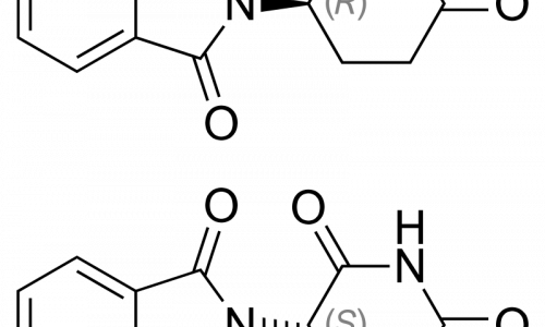 Picture of skeletal formulae of both thalidomide enantiomers. 