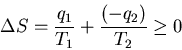 \begin{displaymath}\Delta S=\frac{q_1}{T_1}+\frac{(-q_2)}{T_2}\geq 0
\end{displaymath}
