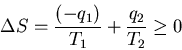 \begin{displaymath}\Delta S=\frac{(-q_1)}{T_1}+\frac{q_2}{T_2}\geq 0
\end{displaymath}