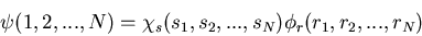 \begin{displaymath}\psi(1,2,...,N)=\chi_{s}(s_{1},s_{2}, ...,s_N)\phi_r(r_1,r_2,...,r_N)
\end{displaymath}
