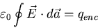 \begin{displaymath}
\varepsilon_{0} \oint \vec{E} \cdot d\vec{a} = q_{enc}
\end{displaymath}