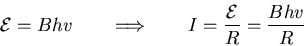 \begin{eqnarray*}
{\cal E} = Bhv \qquad \Longrightarrow \qquad I = \frac{\cal E}{R} =
\frac{Bhv}{R}
\end{eqnarray*}