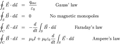\begin{eqnarray*}
\oint_{S} \vec{E} \cdot d \vec{a}&=& \frac{q_{\rm enc}}{\varep...
...nt_{S} \vec{E} \cdot d \vec{a}
\qquad\qquad \mbox{Ampere's law}
\end{eqnarray*}
