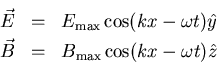 \begin{eqnarray*}
\vec{E}&=&E_{\rm max}\cos(kx-\omega t)\hat{y}\\
\vec{B}&=&B_{\rm max}\cos(kx-\omega t)\hat{z}
\end{eqnarray*}